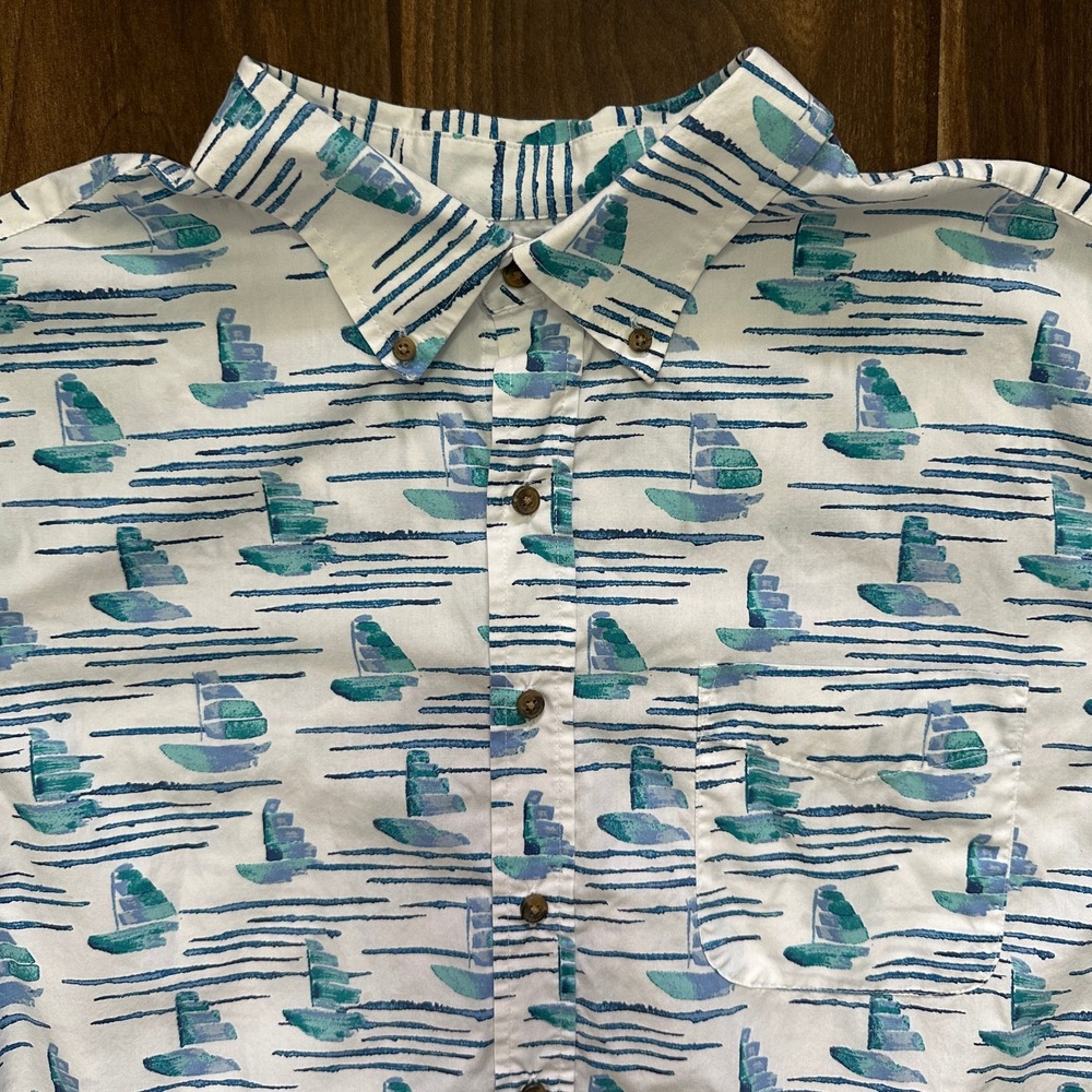 HB Mens 1XL Sailboat Print‎ Short Sleeve Button Down Shirt White Blue Nautical